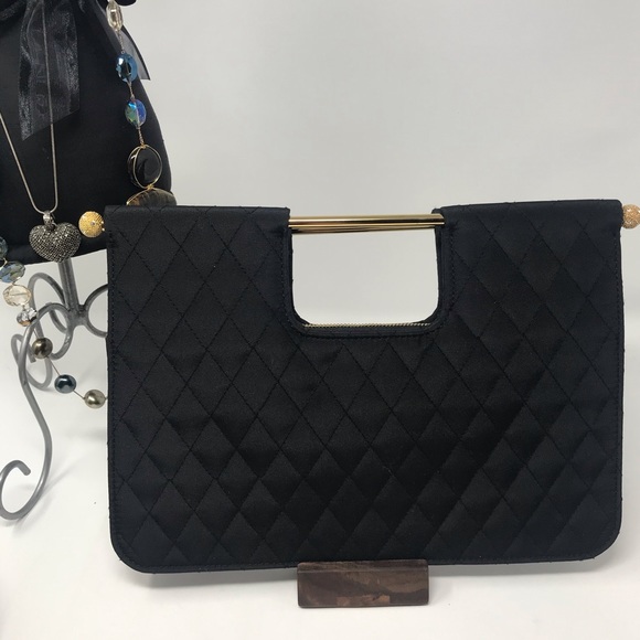 Vintage Handbags - Vintage Black and Gold Evening Clutch Gold Handle